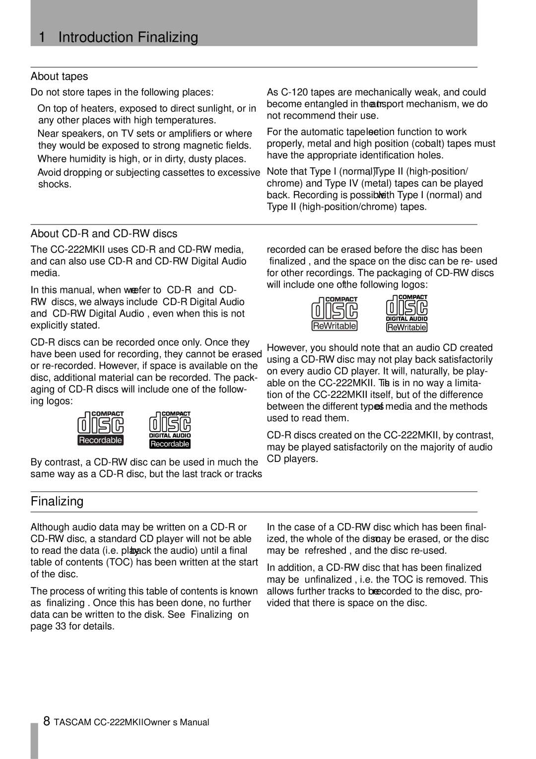 Tascam CC-222MKII owner manual Introduction-Finalizing, About tapes, About CD-R and CD-RW discs 