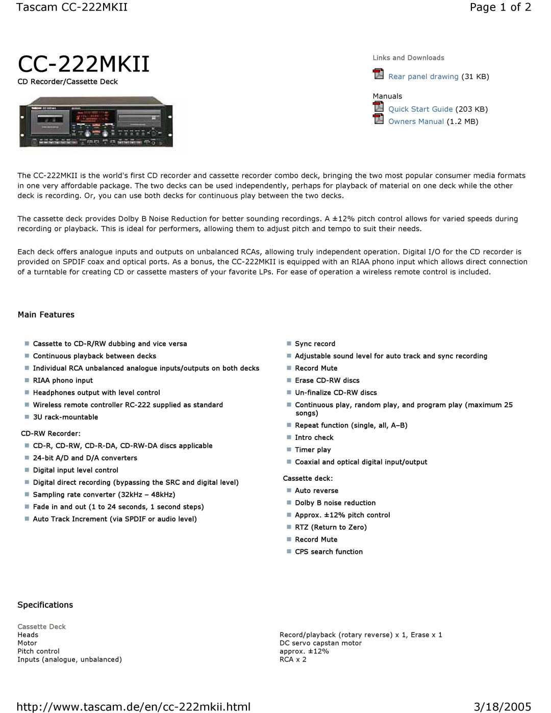 Tascam specifications Tascam CC-222MKII, 3/18/2005, Page 1 of, Main Features, Specifications, CD Recorder/Cassette Deck 