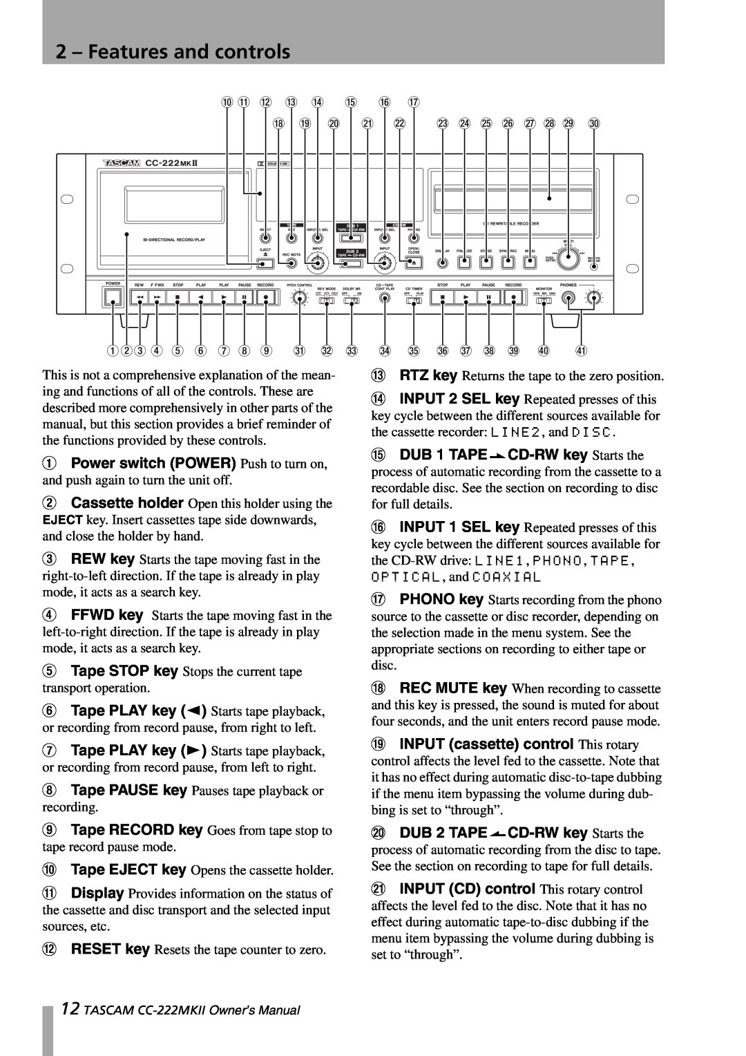Tascam CC-222MKII owner manual Features and controls 