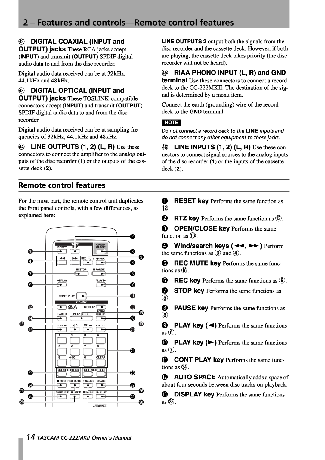 Tascam CC-222MKII owner manual Features and controls-Remotecontrol features, Remote control features 