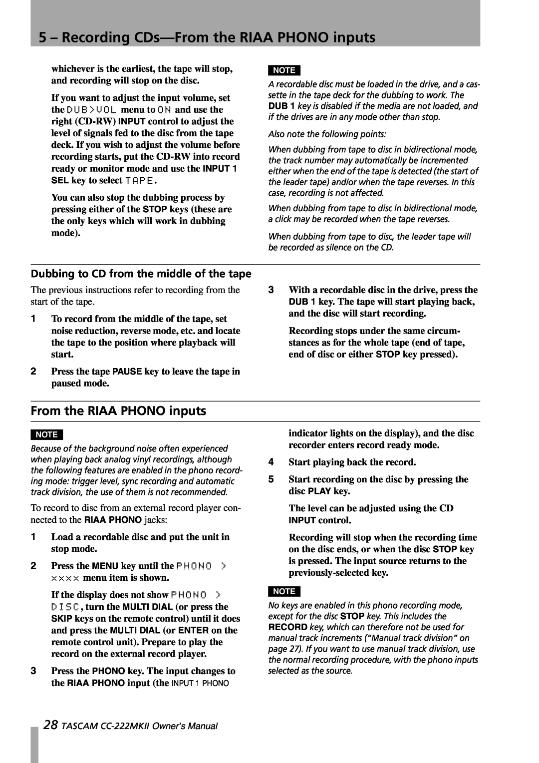 Tascam CC-222MKII owner manual Recording CDs-Fromthe RIAA PHONO inputs, From the RIAA PHONO inputs 