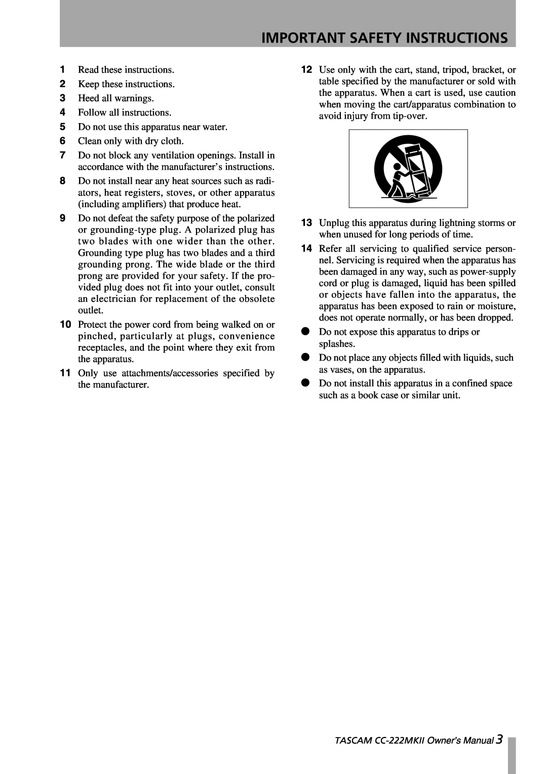 Tascam CC-222MKII owner manual Important Safety Instructions 