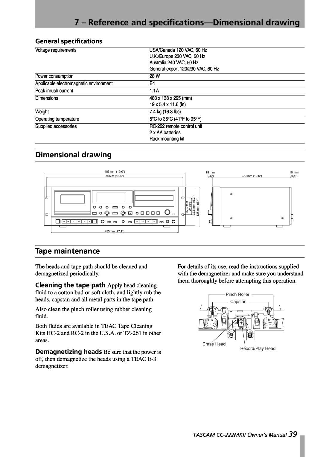 Tascam CC-222MKII owner manual Dimensional drawing, Tape maintenance, General specifications 