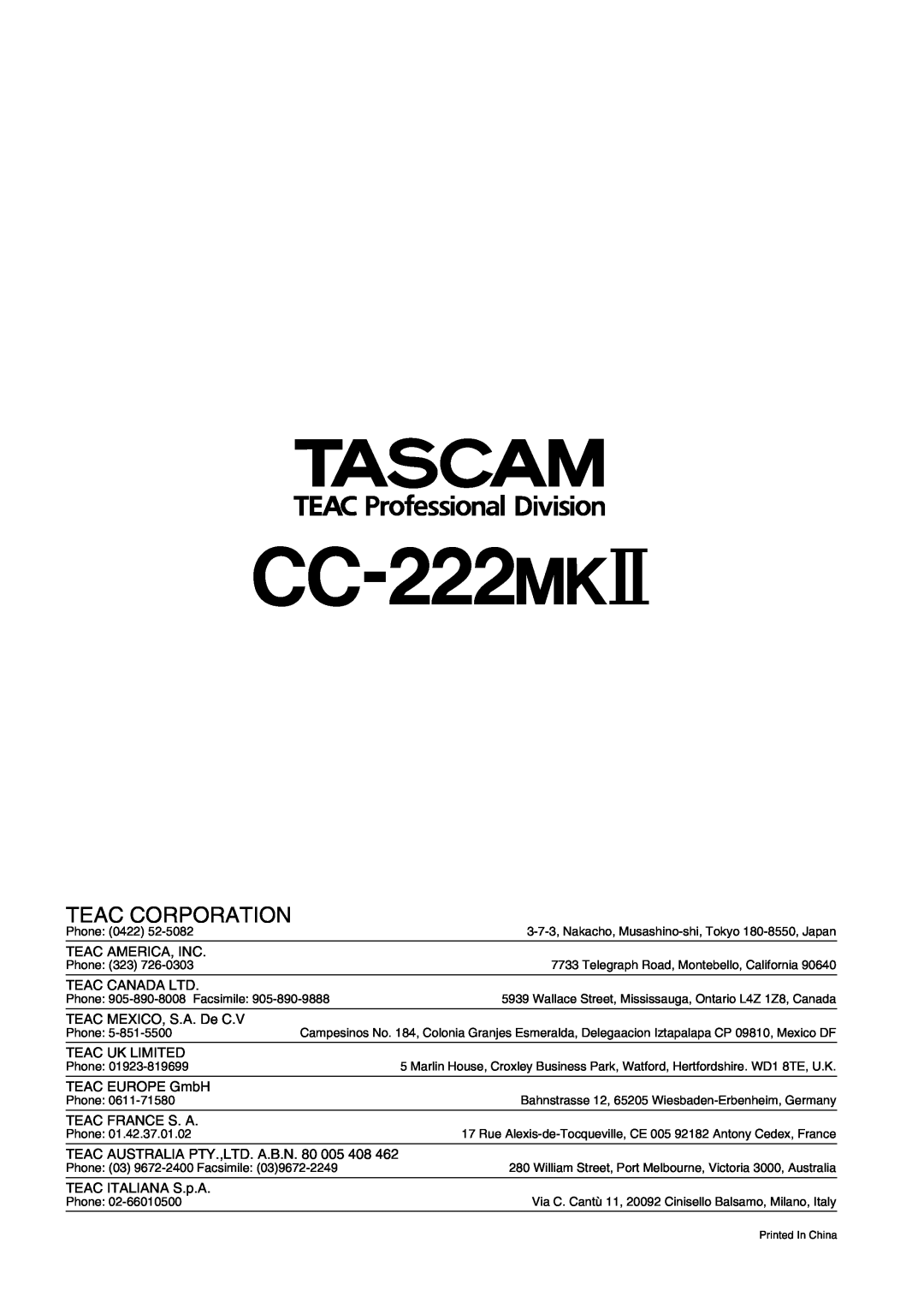Tascam CC-222MKII owner manual CC-222@#, Teac Corporation 