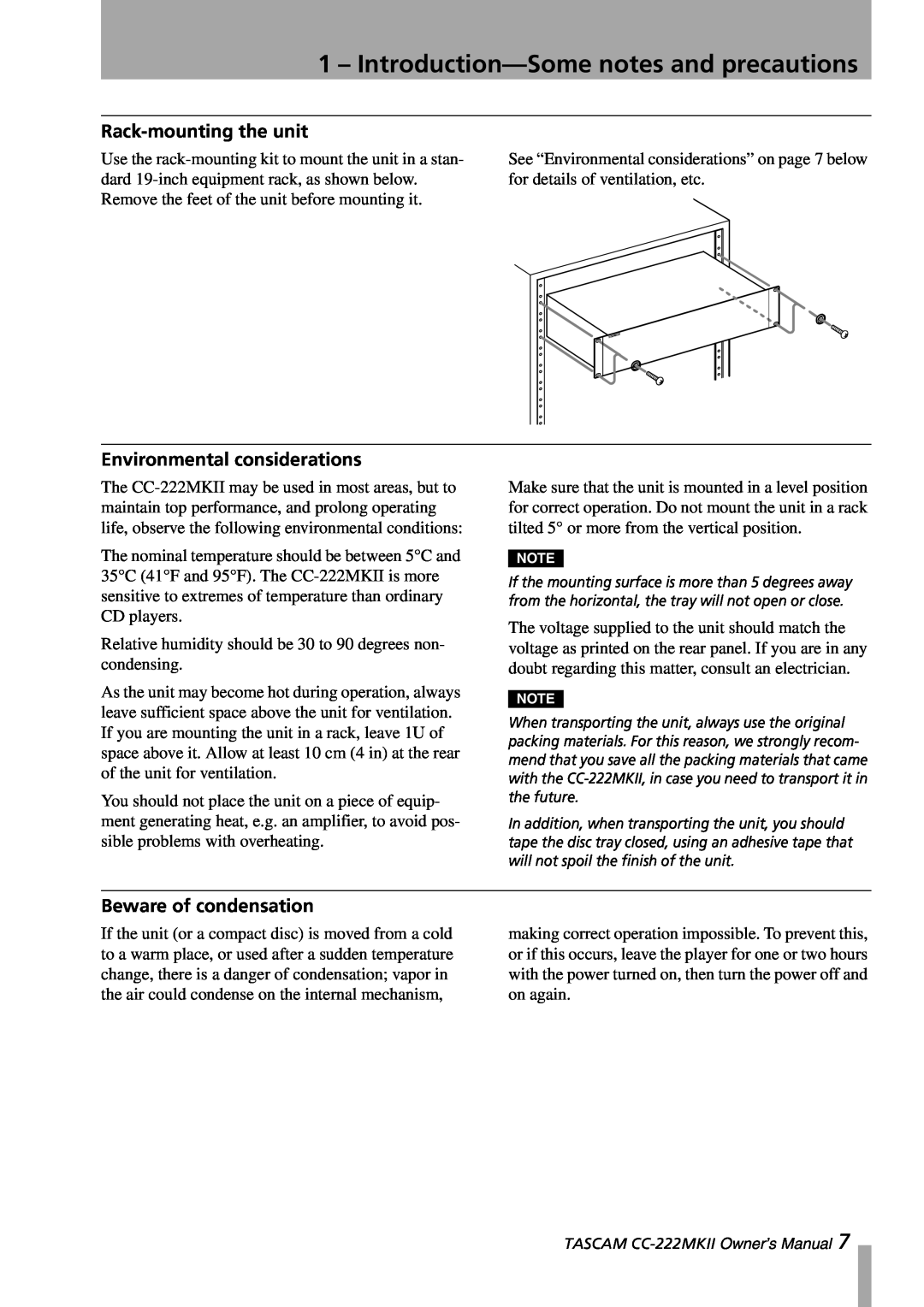 Tascam CC-222MKII owner manual Introduction-Somenotes and precautions, Rack-mountingthe unit, Environmental considerations 