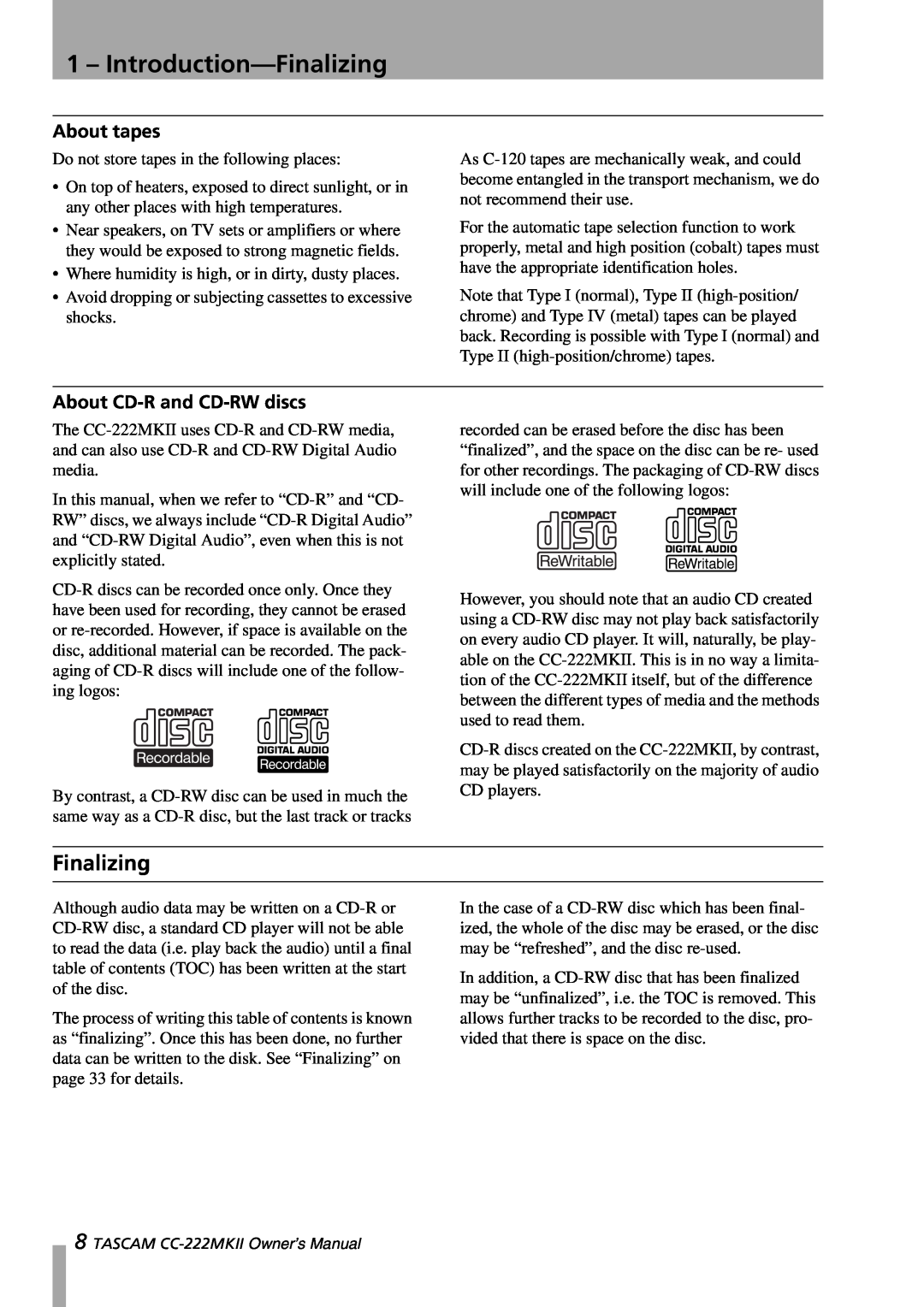 Tascam CC-222MKII owner manual Introduction-Finalizing, About tapes, About CD-Rand CD-RWdiscs 
