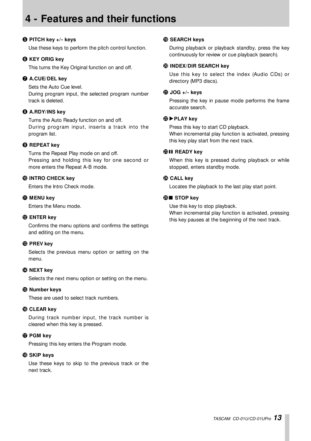 Tascam CD-01UPro, CD-01 U owner manual Features and their functions 