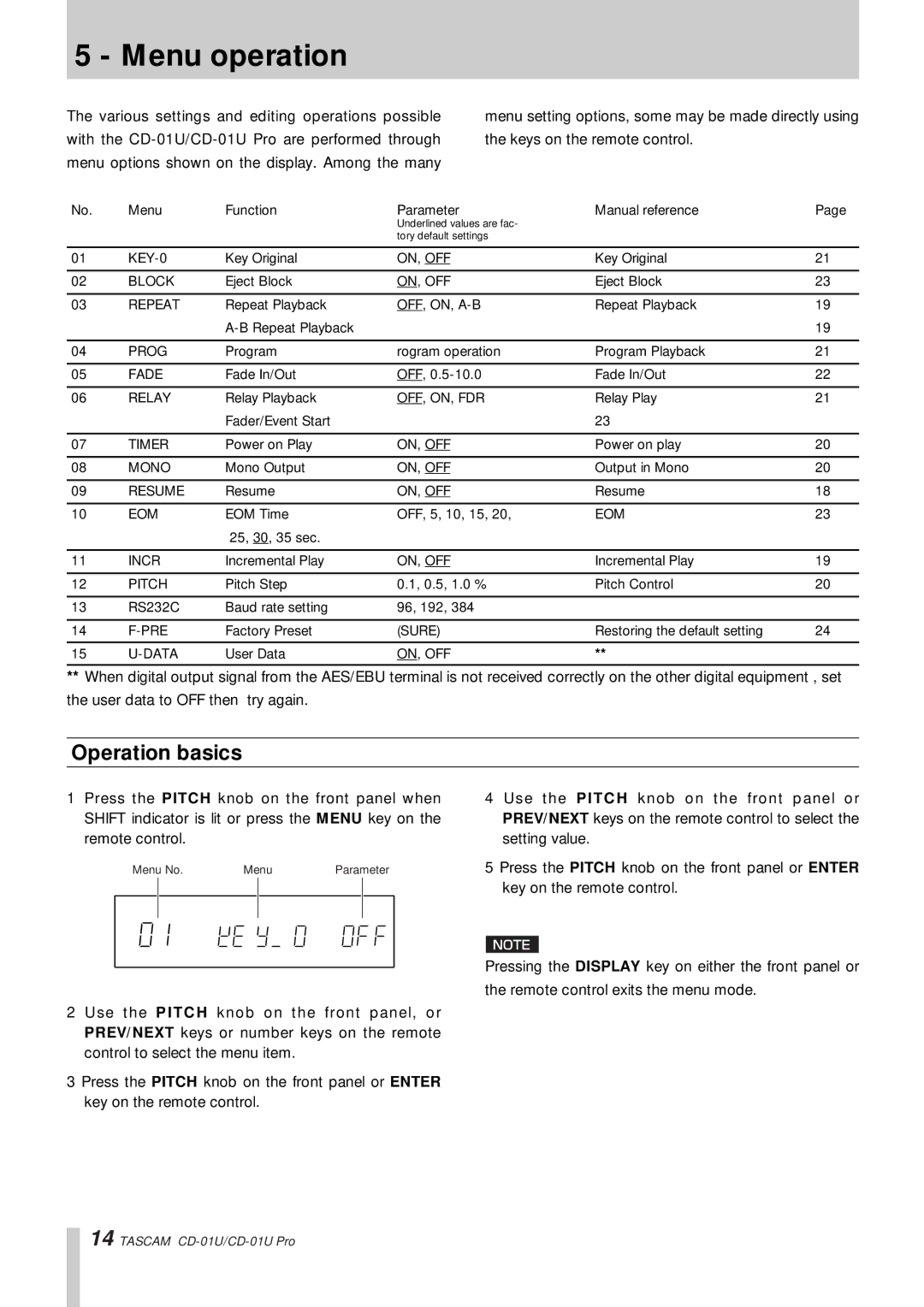 Tascam CD-01 U, CD-01UPro owner manual Menu operation, Operation basics 