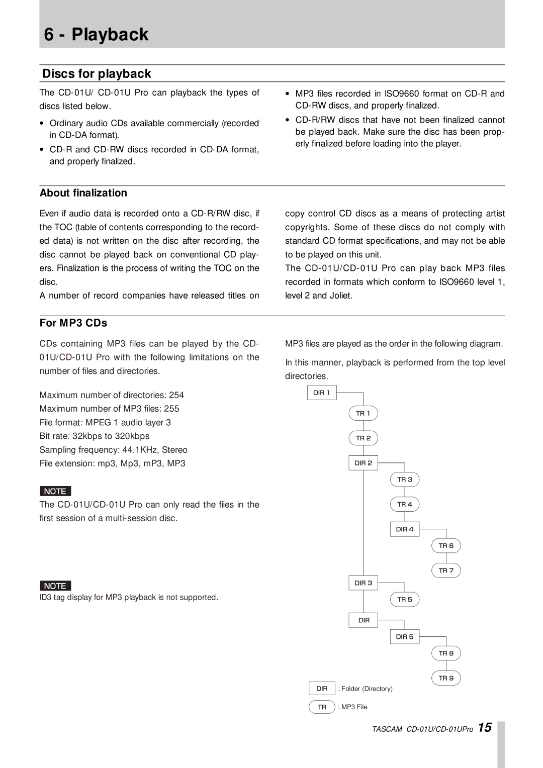 Tascam CD-01UPro, CD-01 U owner manual Playback, Discs for playback, About finalization, For MP3 CDs 