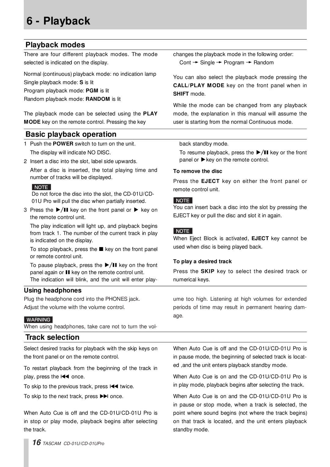 Tascam CD-01 U, CD-01UPro owner manual Playback modes, Basic playback operation, Track selection, Using headphones 