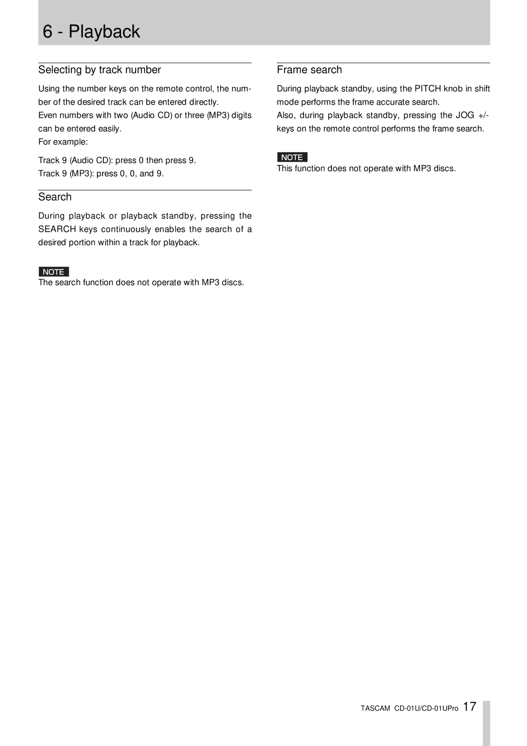 Tascam CD-01UPro, CD-01 U owner manual Selecting by track number, Search, Frame search 