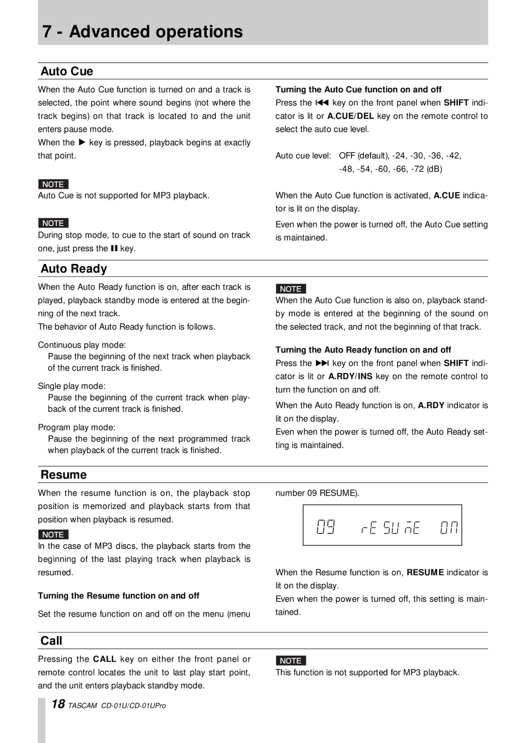 Tascam CD-01 U, CD-01UPro owner manual Advanced operations, Auto Cue, Auto Ready, Resume, Call 