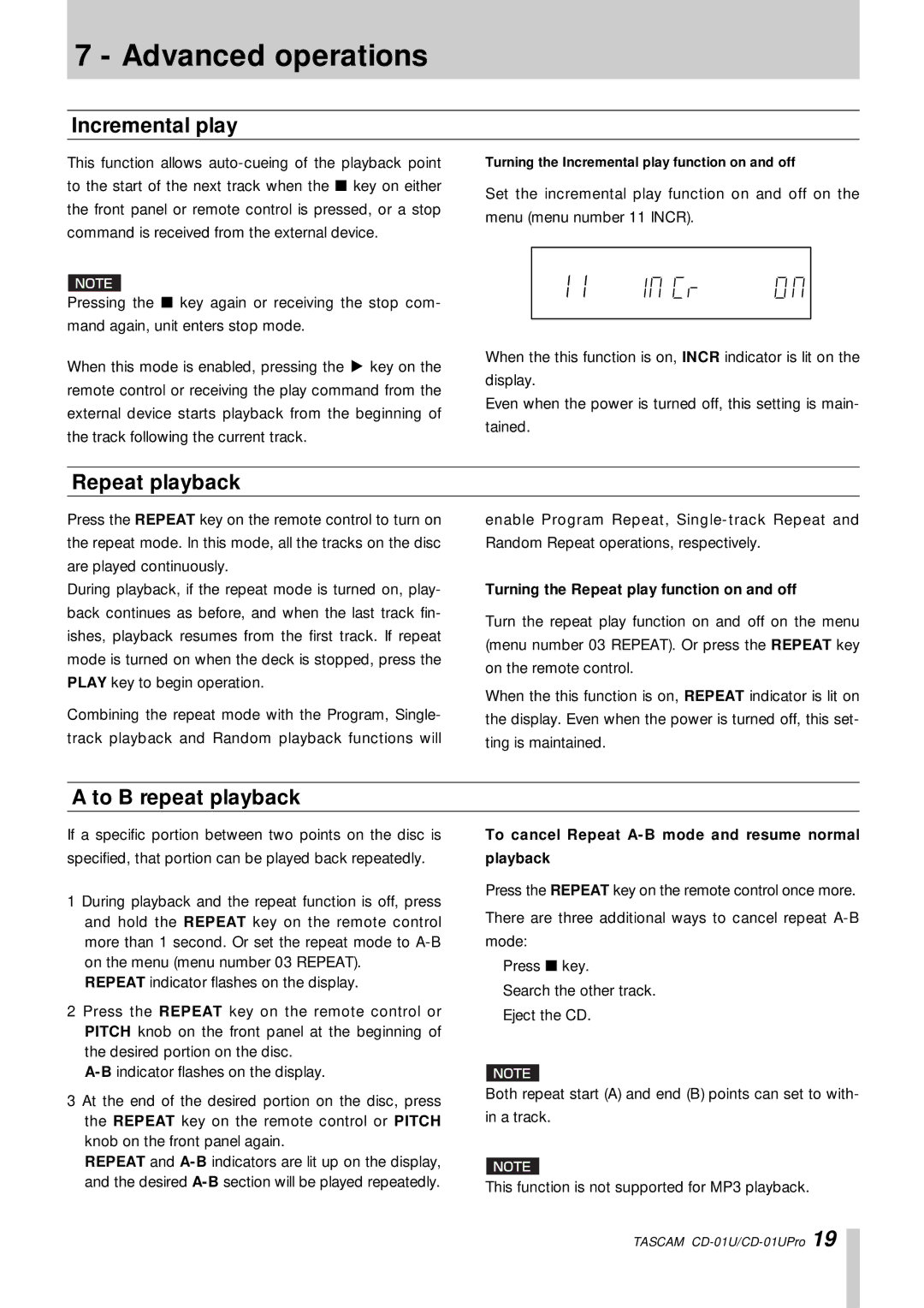 Tascam CD-01UPro, CD-01 U owner manual Incremental play, Repeat playback, To B repeat playback 