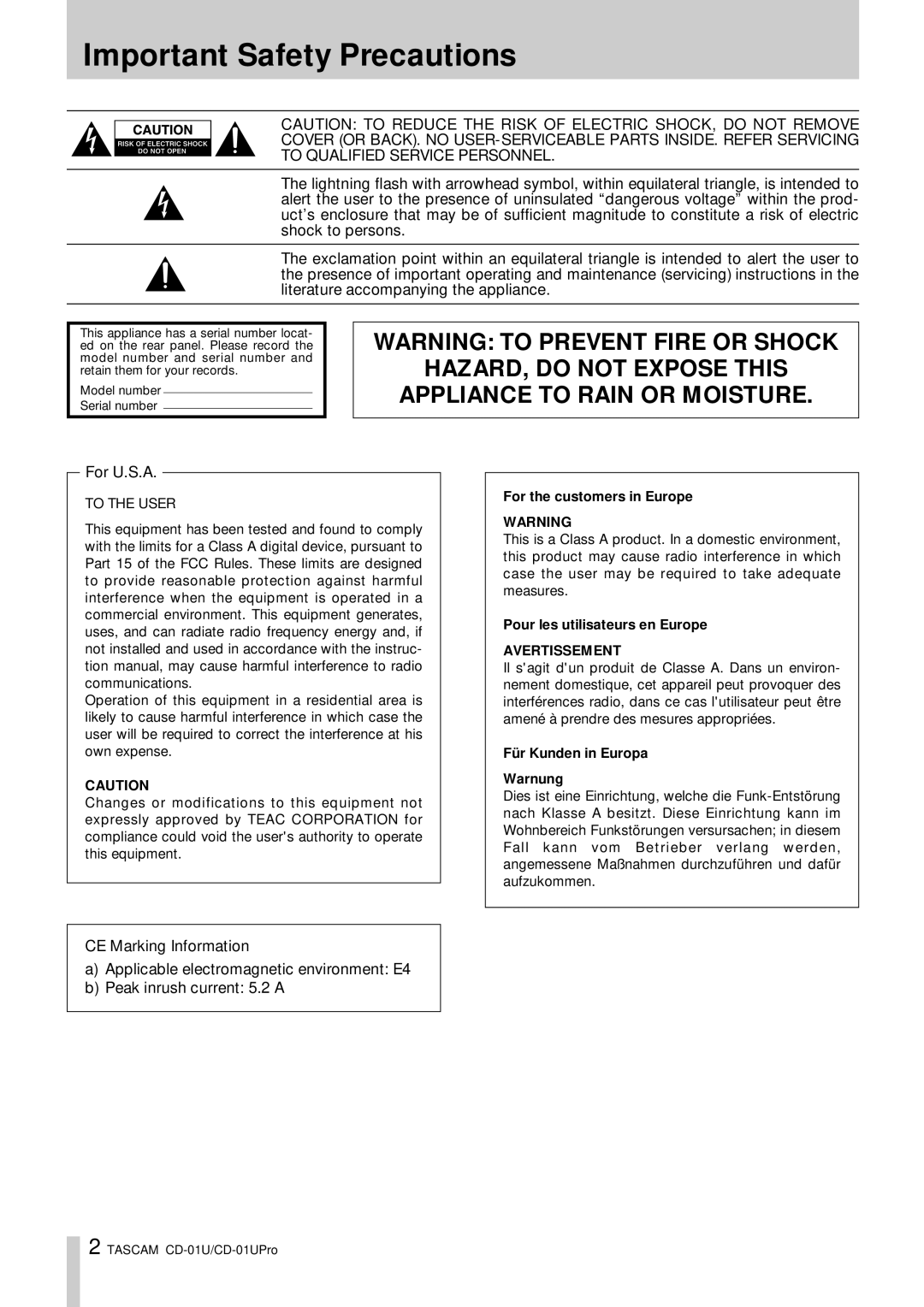 Tascam CD-01 U, CD-01UPro owner manual ImportantO Safety Precautions, Appliance to Rain or Moisture 