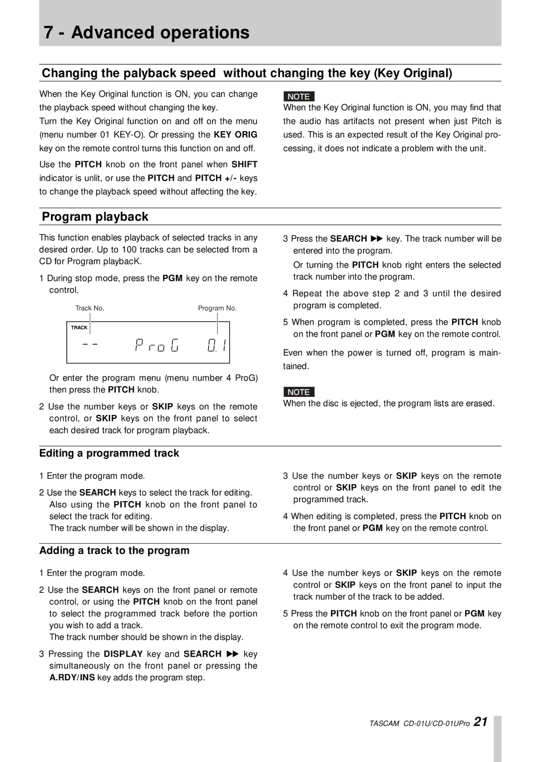 Tascam CD-01UPro, CD-01 U owner manual Program playback, Editing a programmed track, Adding a track to the program 