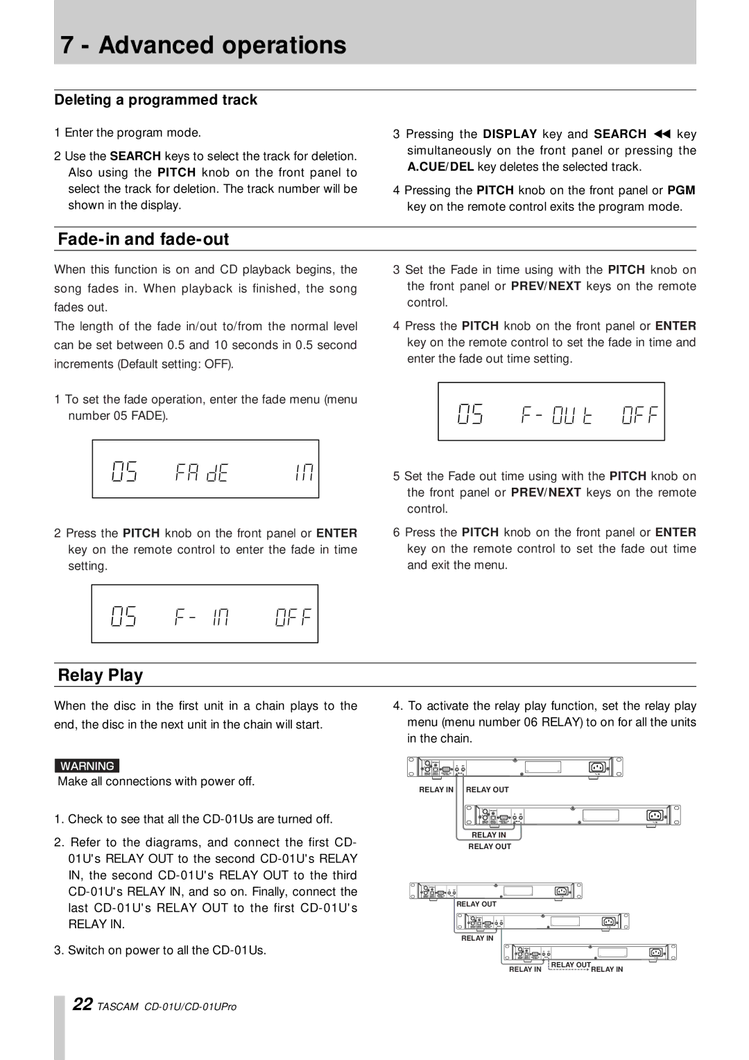 Tascam CD-01 U, CD-01UPro owner manual Fade-in and fade-out, Relay Play, Deleting a programmed track 