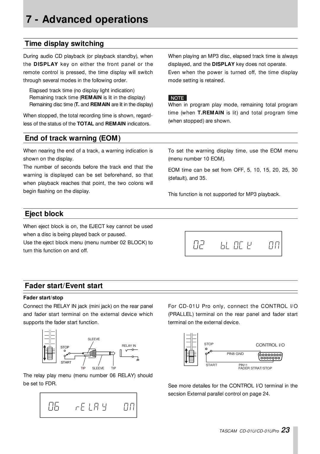 Tascam CD-01UPro, CD-01 U Time display switching, End of track warning EOM, Eject block, Fader start/Event start 