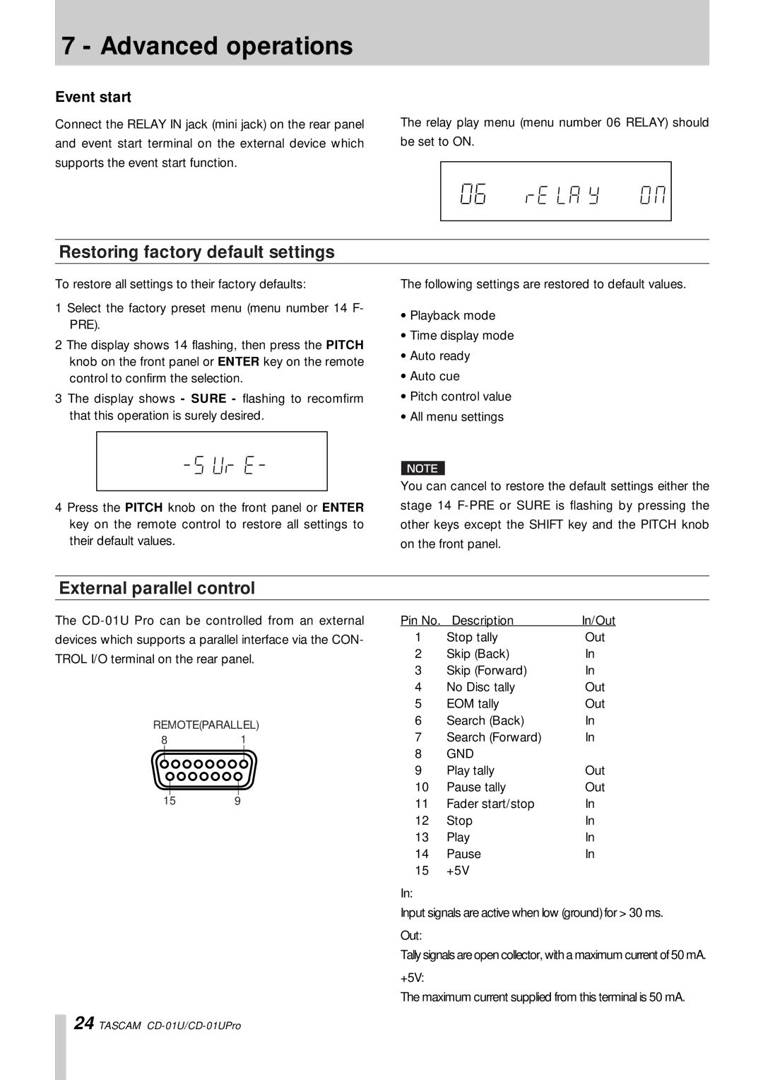 Tascam CD-01 U, CD-01UPro owner manual Restoring factory default settings, Event start 