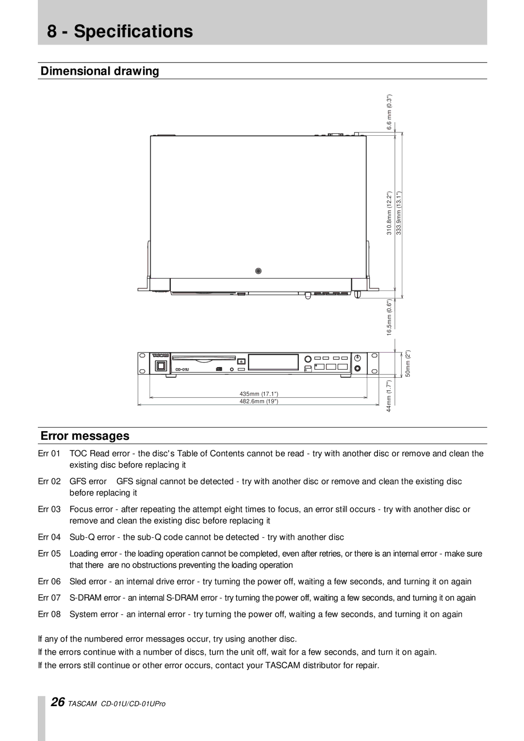 Tascam CD-01 U, CD-01UPro owner manual Dimensional drawing, Error messages 