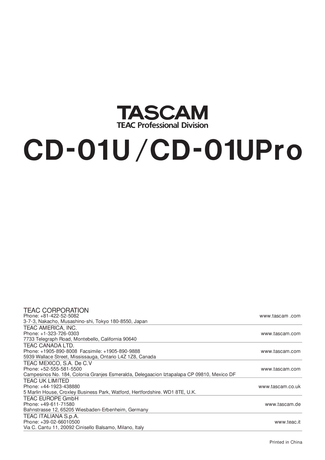 Tascam owner manual CD-01 U /CD-01UPro 