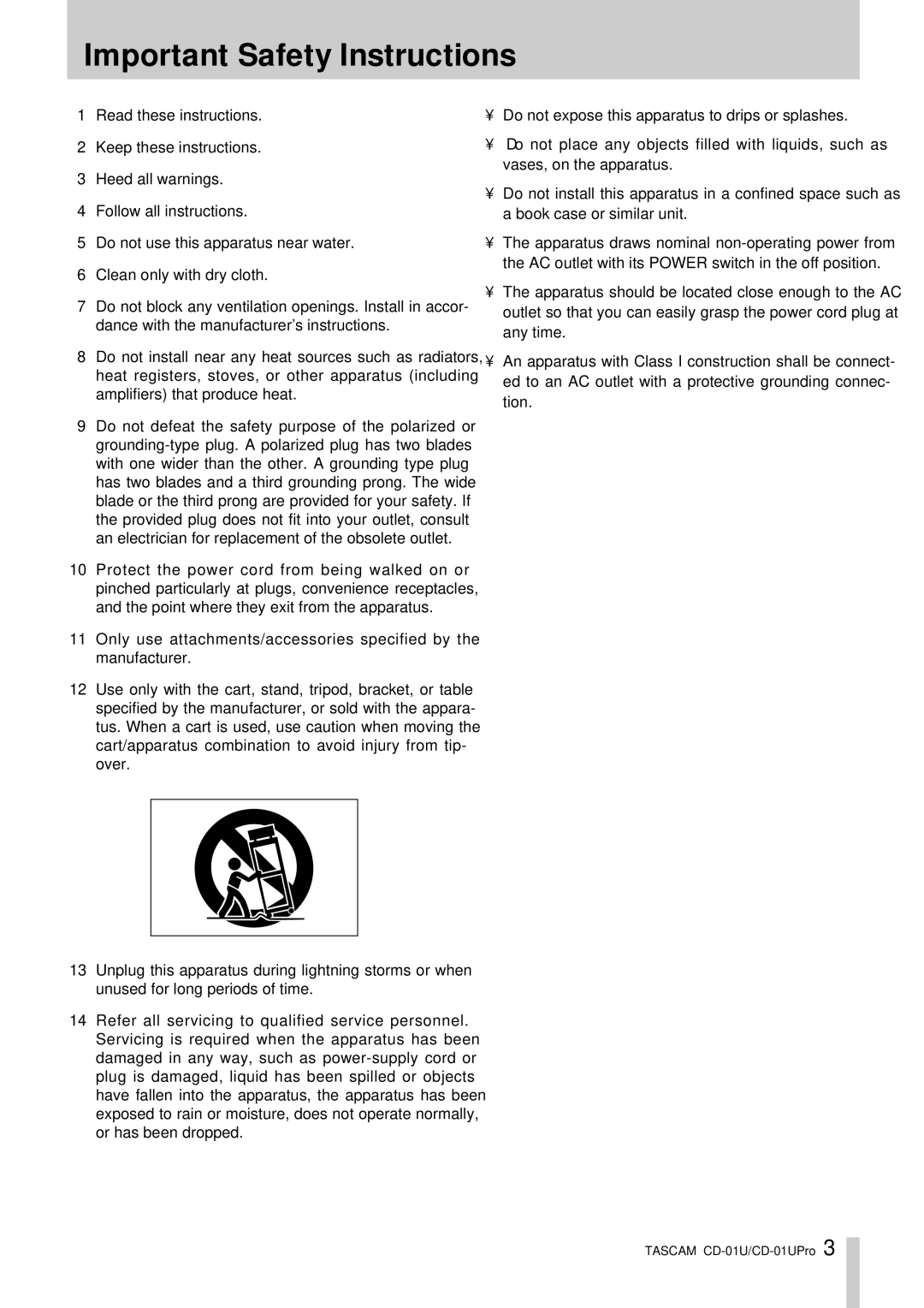 Tascam CD-01UPro, CD-01 U owner manual ImportantO Safety Instructions 