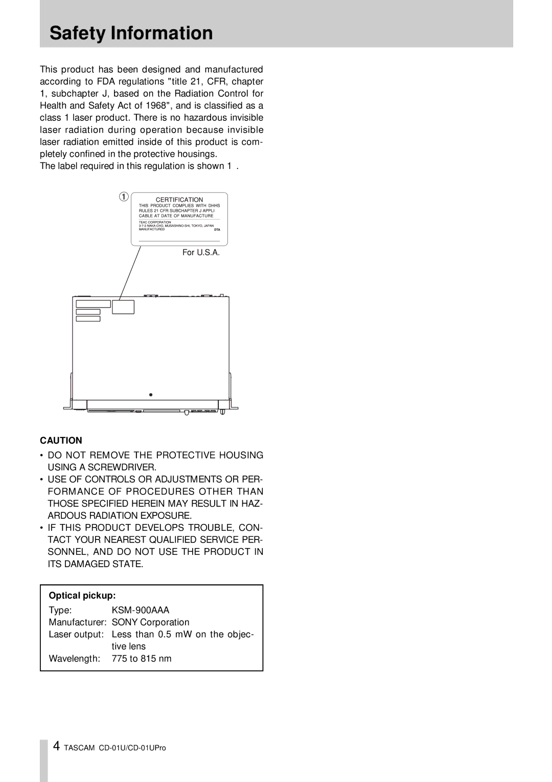 Tascam CD-01 U, CD-01UPro owner manual SafetyO Information, Optical pickup 