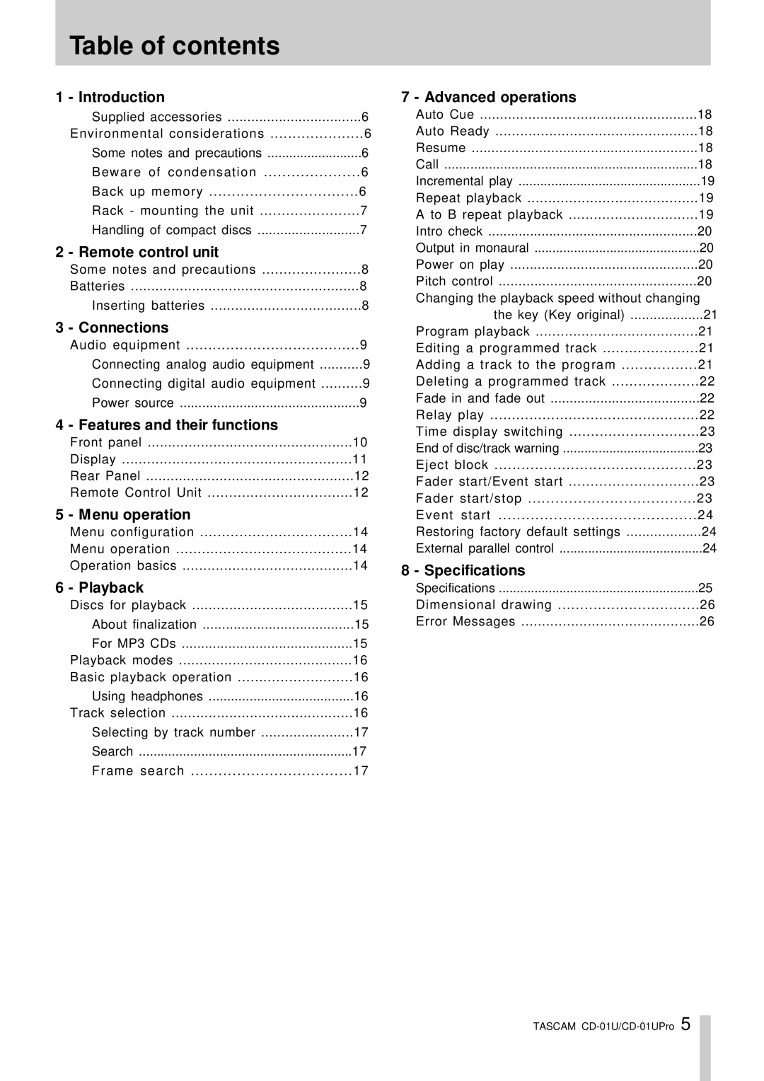 Tascam CD-01UPro, CD-01 U owner manual Table of contents 