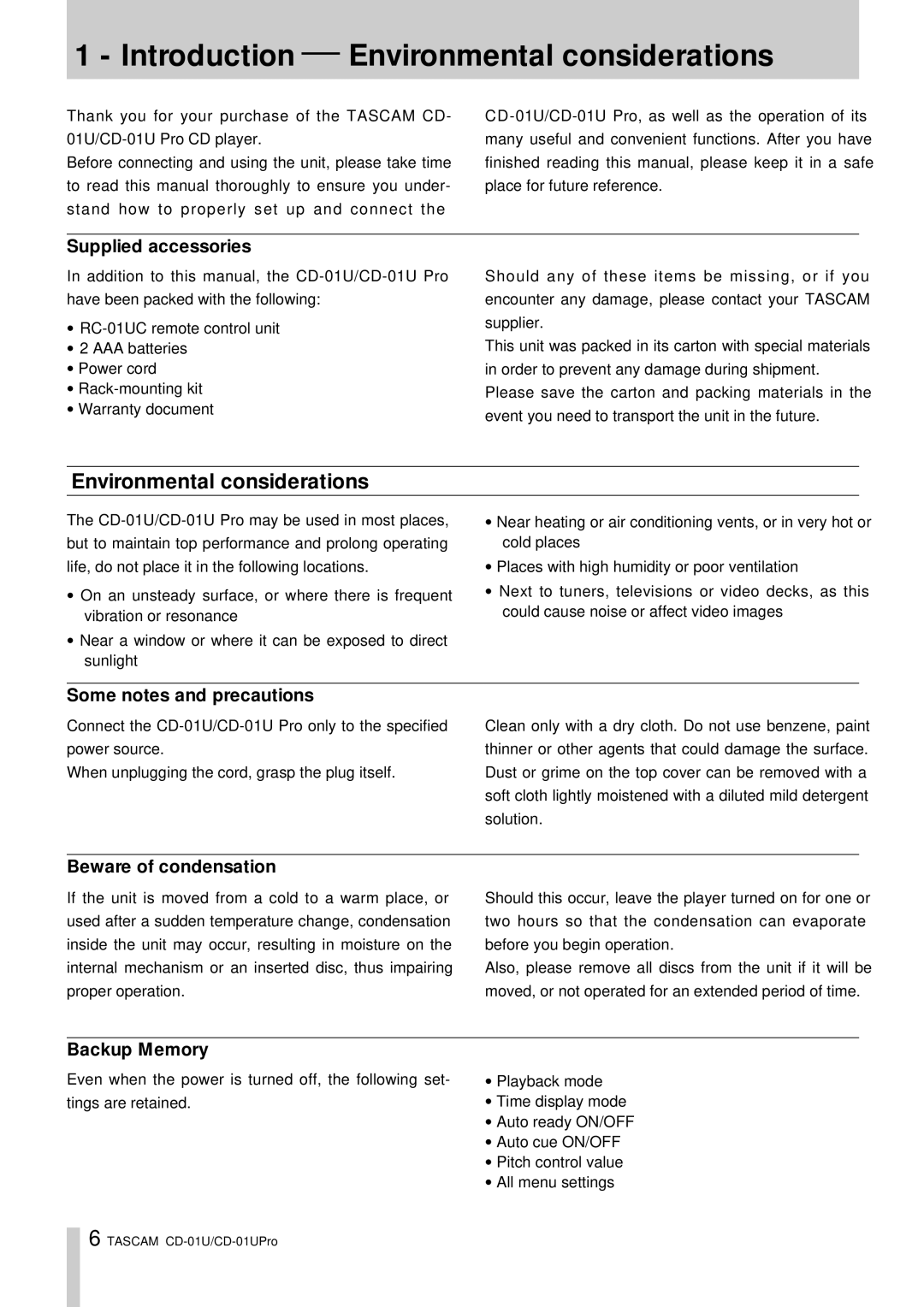 Tascam CD-01 U, CD-01UPro owner manual Introduction Œ Environmental considerations 