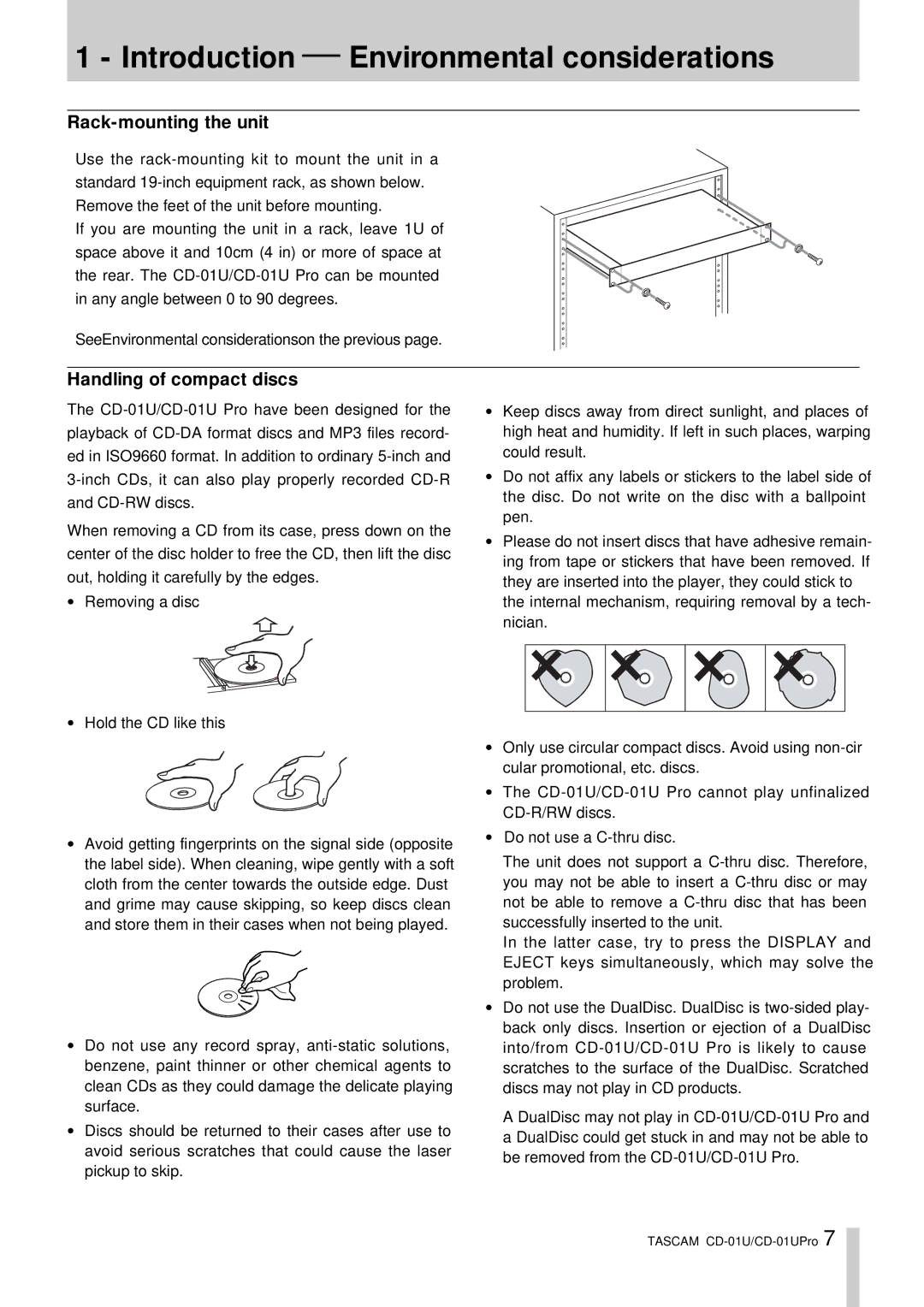 Tascam CD-01UPro, CD-01 U owner manual Rack-mounting the unit, Handling of compact discs 