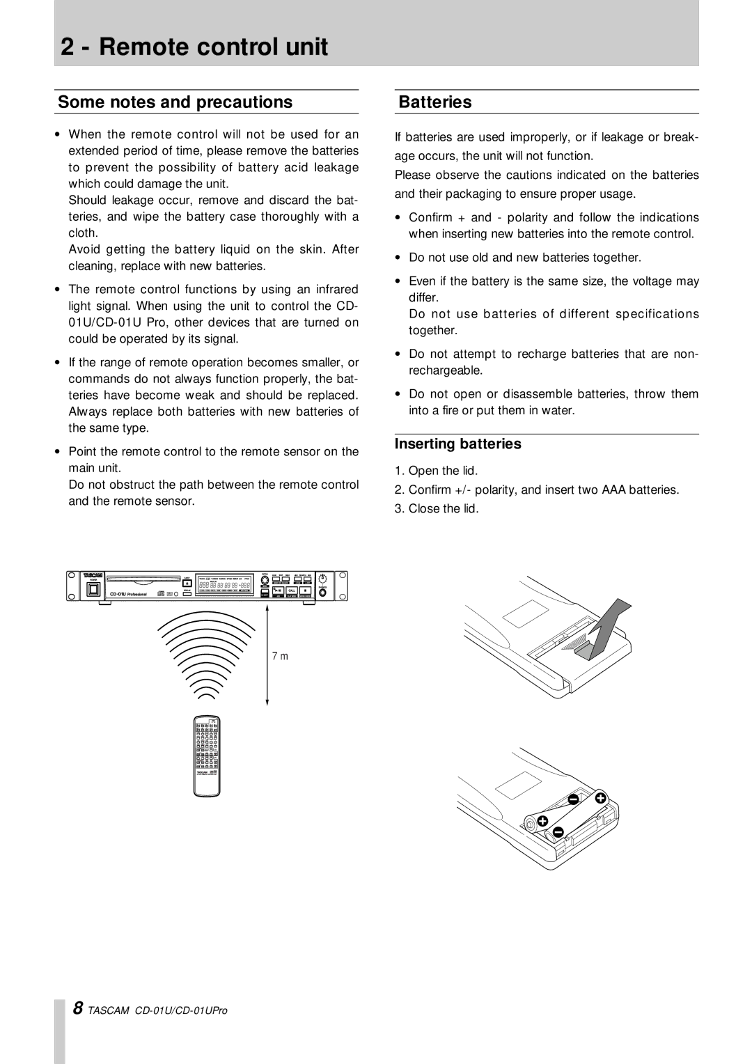 Tascam CD-01 U, CD-01UPro owner manual Remote control unit, Some notes and precautions, Batteries, Inserting batteries 