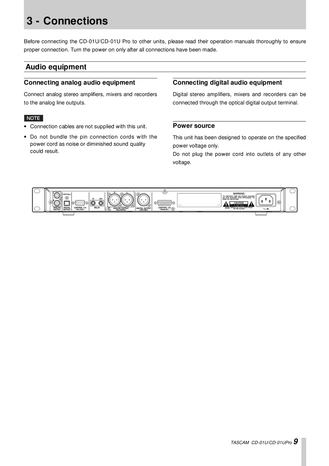 Tascam CD-01UPro Connections, Audio equipment, Connecting analog audio equipment, Connecting digital audio equipment 