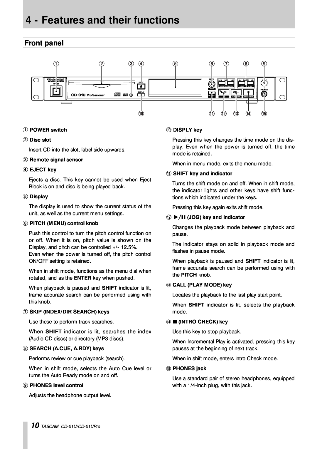 Tascam CD-01 U, CD-01UPro owner manual Features and their functions, Front panel 