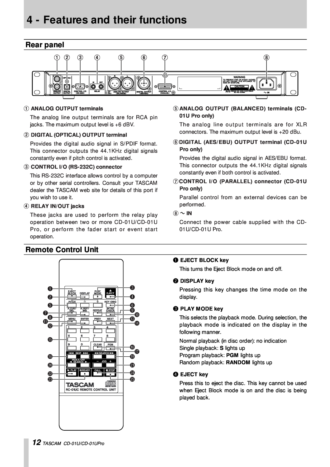 Tascam CD-01 U, CD-01UPro owner manual Rear panel, Remote Control Unit, Features and their functions 