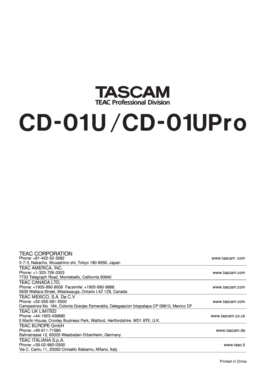 Tascam owner manual CD-01 U /CD-01UPro, Teac Corporation 