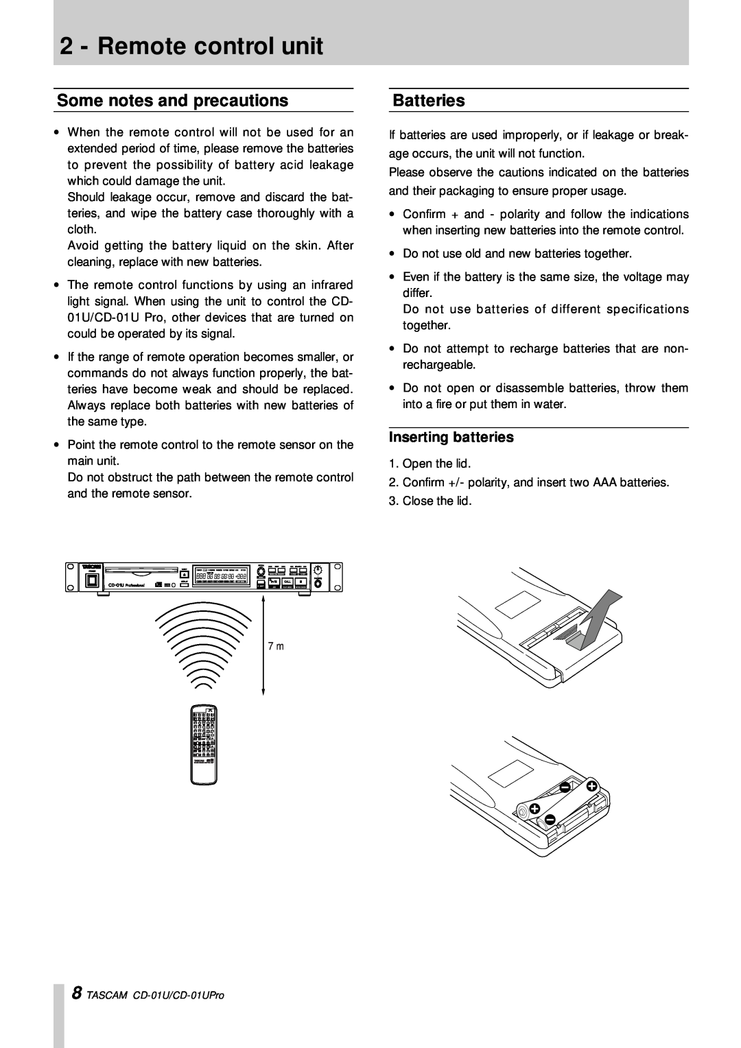 Tascam CD-01 U, CD-01UPro owner manual Remote control unit, Some notes and precautions, Batteries, Inserting batteries 