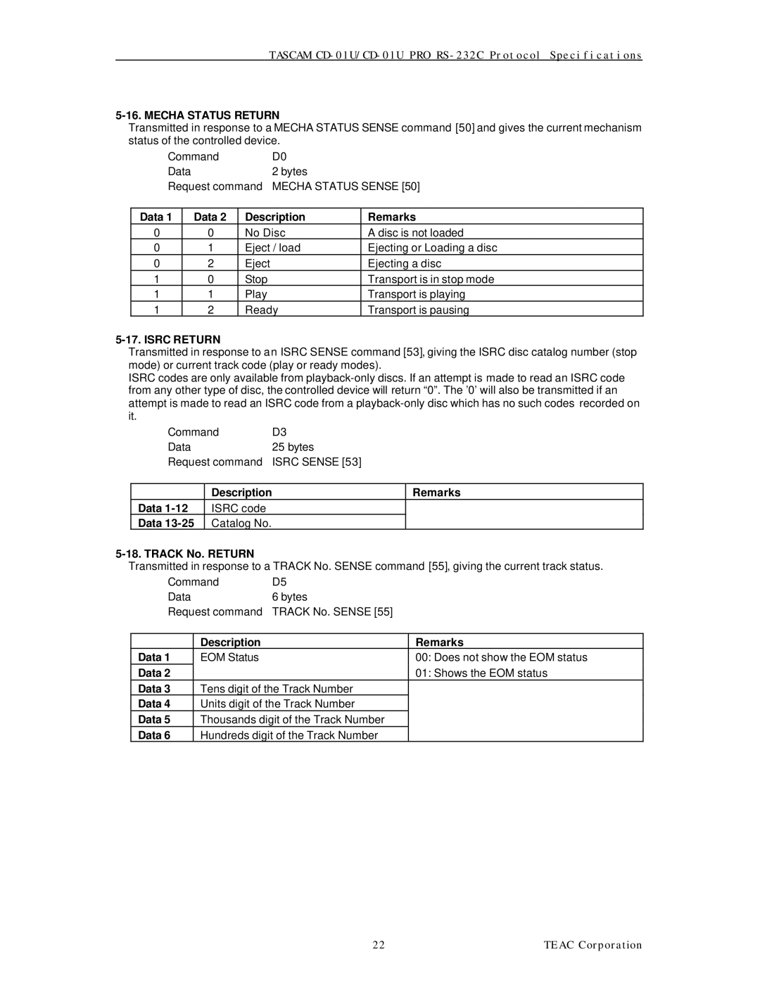 Tascam CD-01U specifications Mecha Status Return, Isrc Return, Track No. Return 