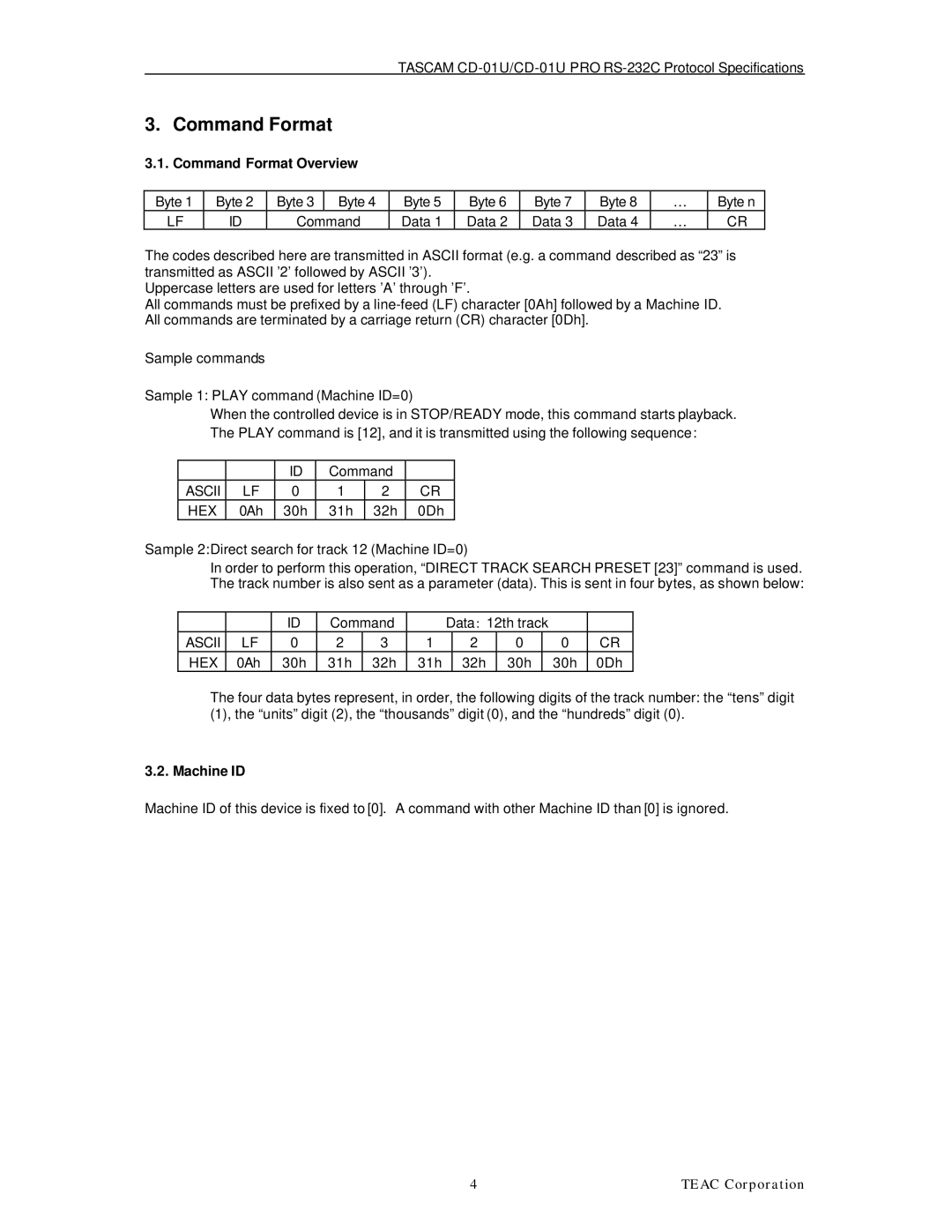 Tascam CD-01U specifications Command Format Overview, Machine ID 