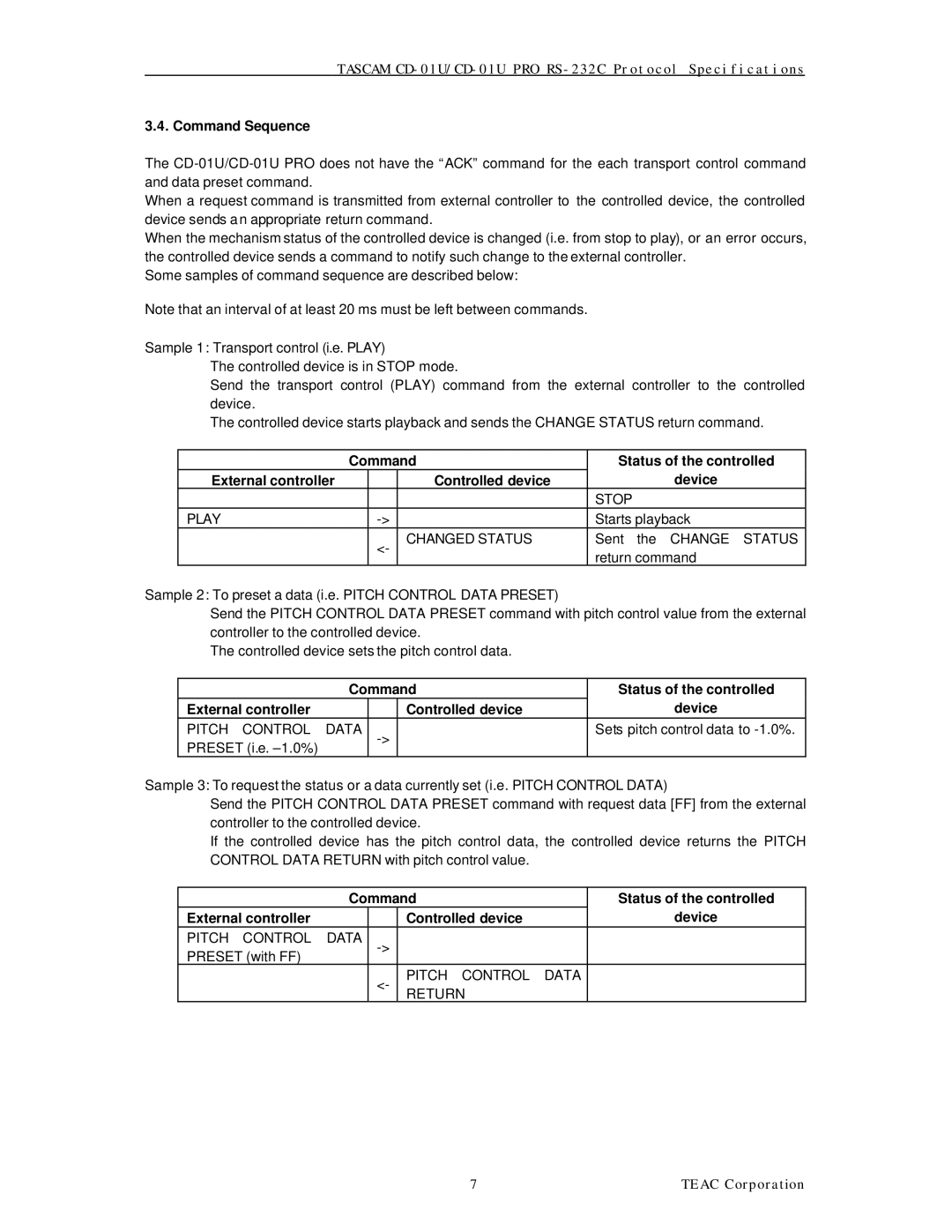 Tascam CD-01U specifications Command Sequence, Changed Status 