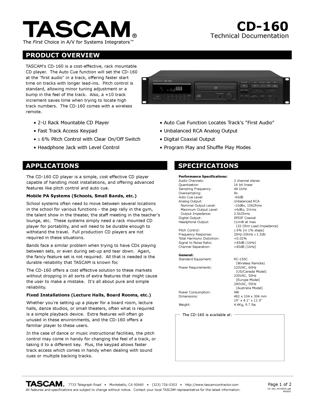 Tascam CD-160 specifications Product Overview, Applications, Specifications, Mobile PA Systems Schools, Small Bands, etc 