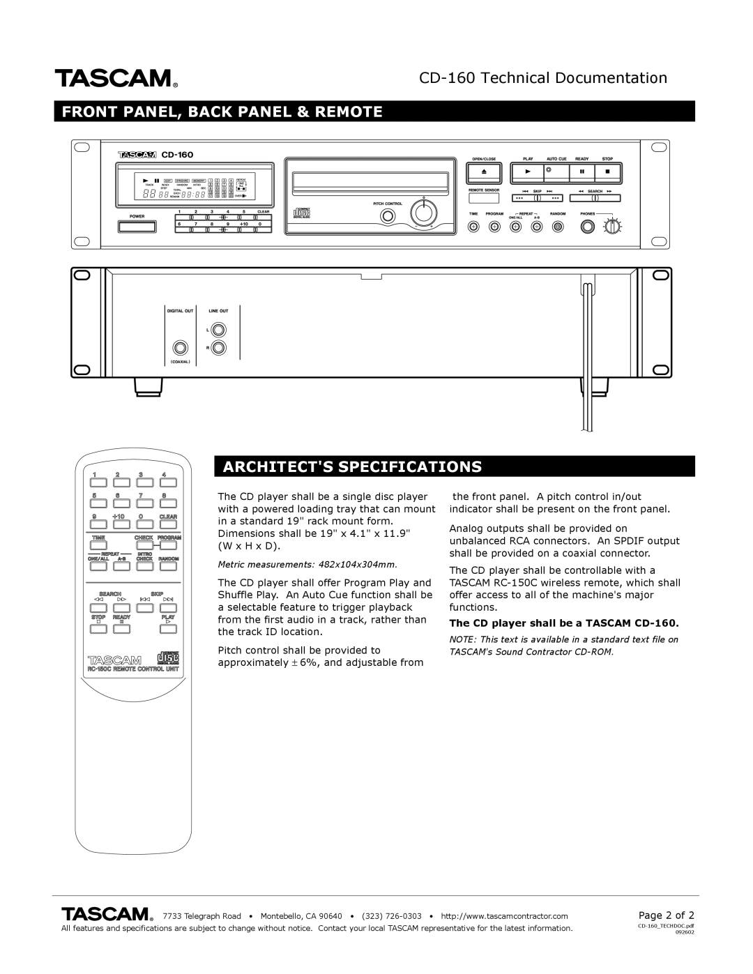 Tascam specifications Front PANEL, Back Panel & Remote Architects Specifications, CD player shall be a Tascam CD-160 