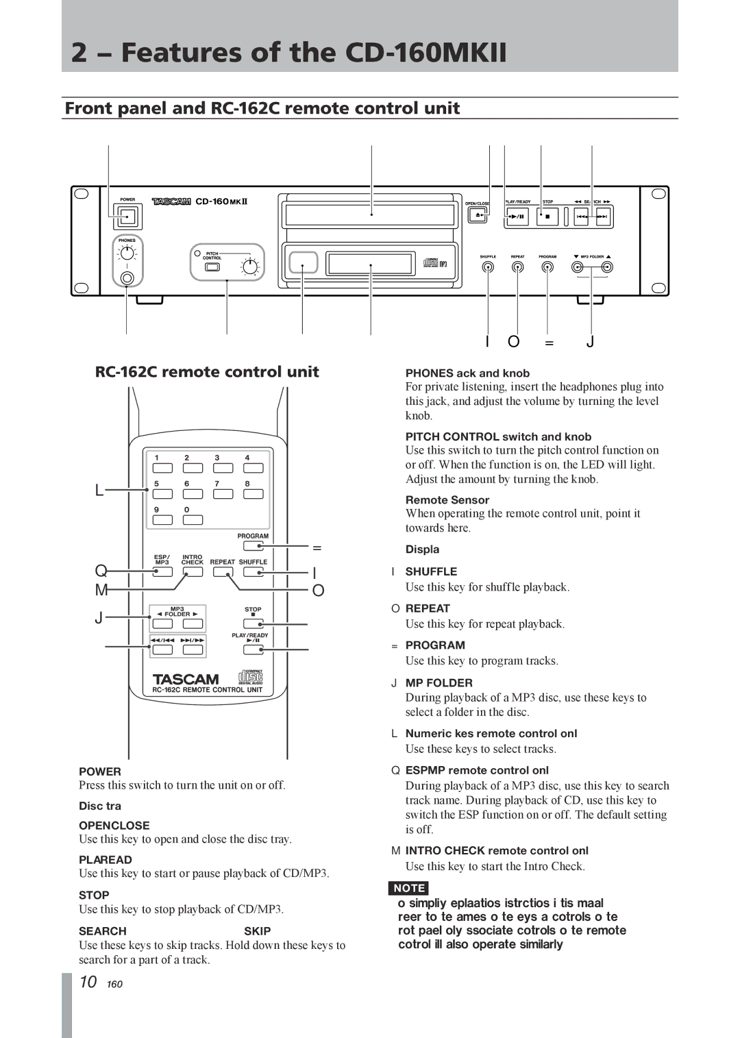 Tascam owner manual Features of the CD-160MKII, Front panel and RC-162C remote control unit 