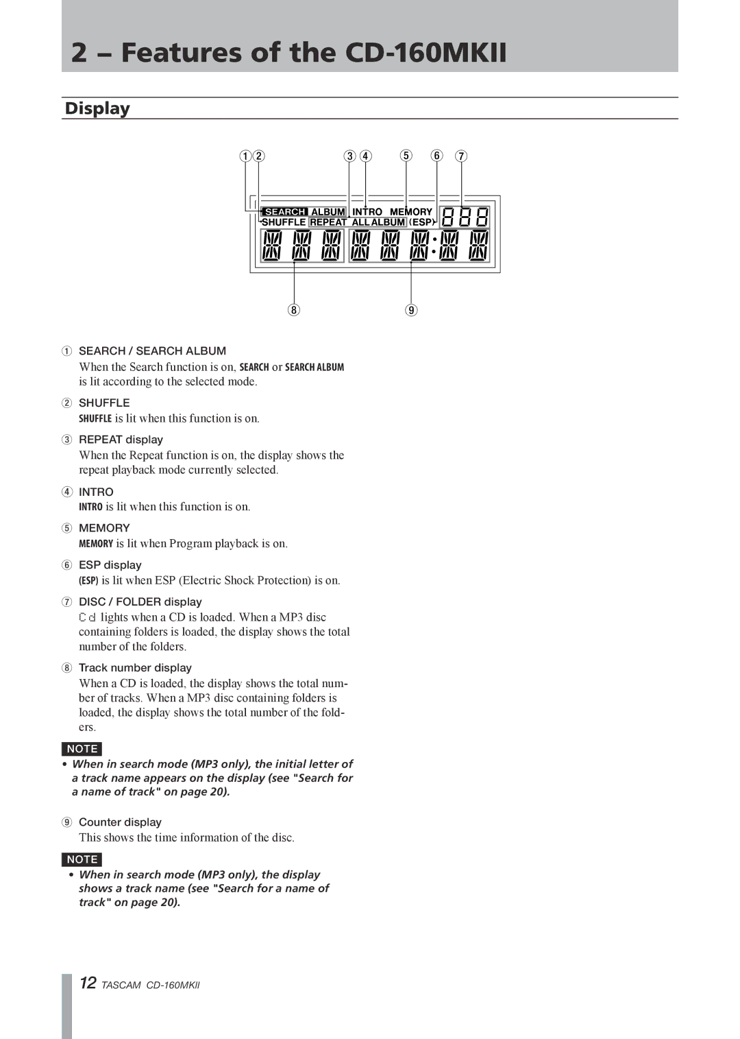 Tascam CD-160MKII owner manual Display, 12 3 4 5 6 