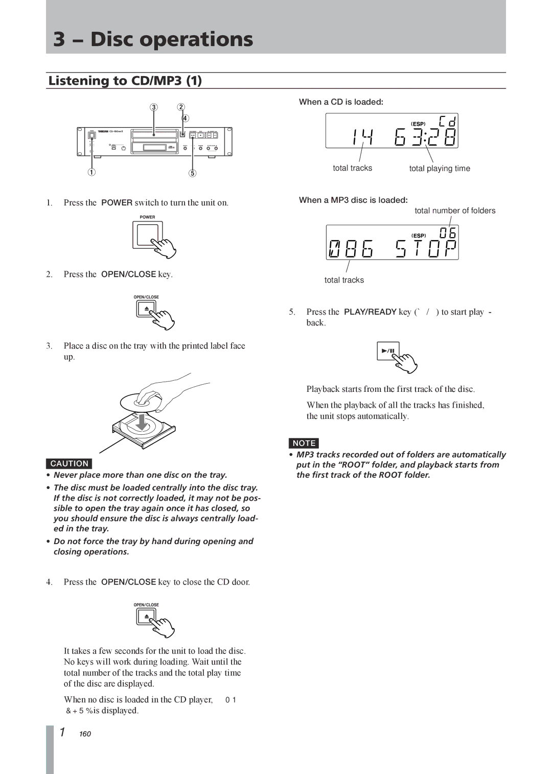 Tascam CD-160MKII owner manual Listening to CD/MP3, Place a disc on the tray with the printed label face up 