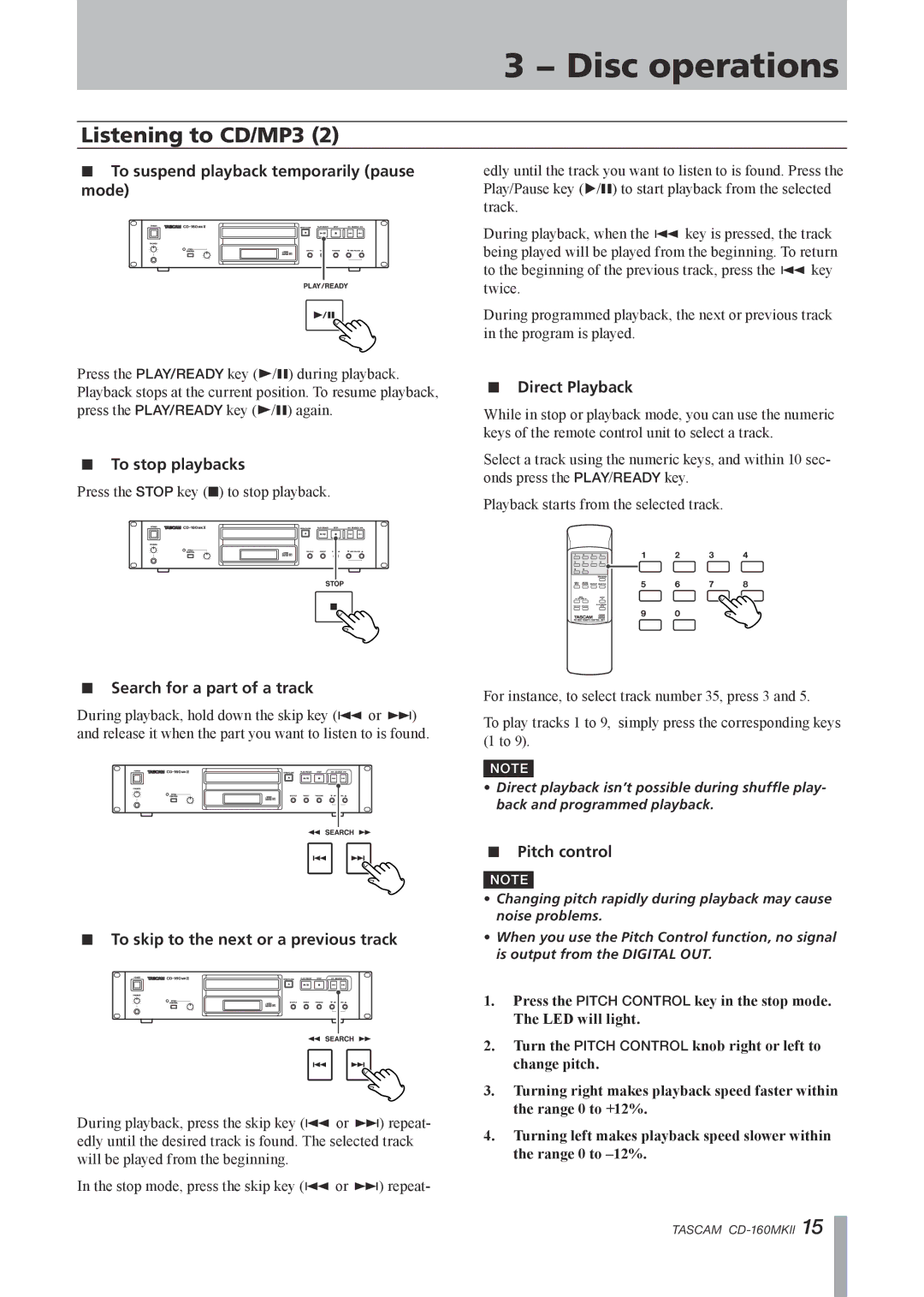 Tascam CD-160MKII To suspend playback temporarily pause mode, Direct Playback, To stop playbacks, Pitch control 