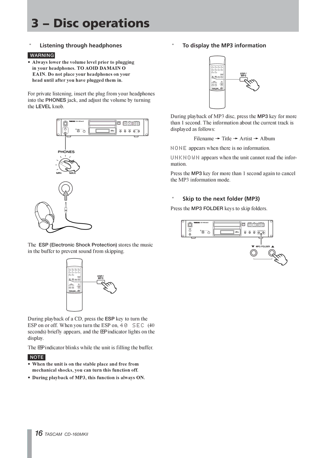 Tascam CD-160MKII owner manual Listening through headphones, To display the MP3 information, Skip to the next folder MP3 