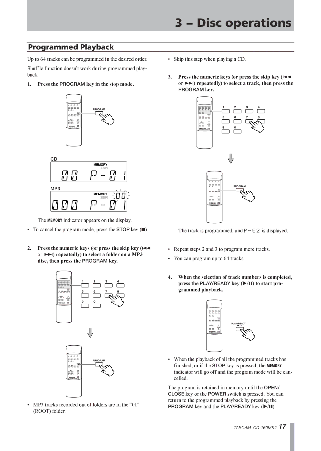 Tascam CD-160MKII owner manual Programmed Playback 