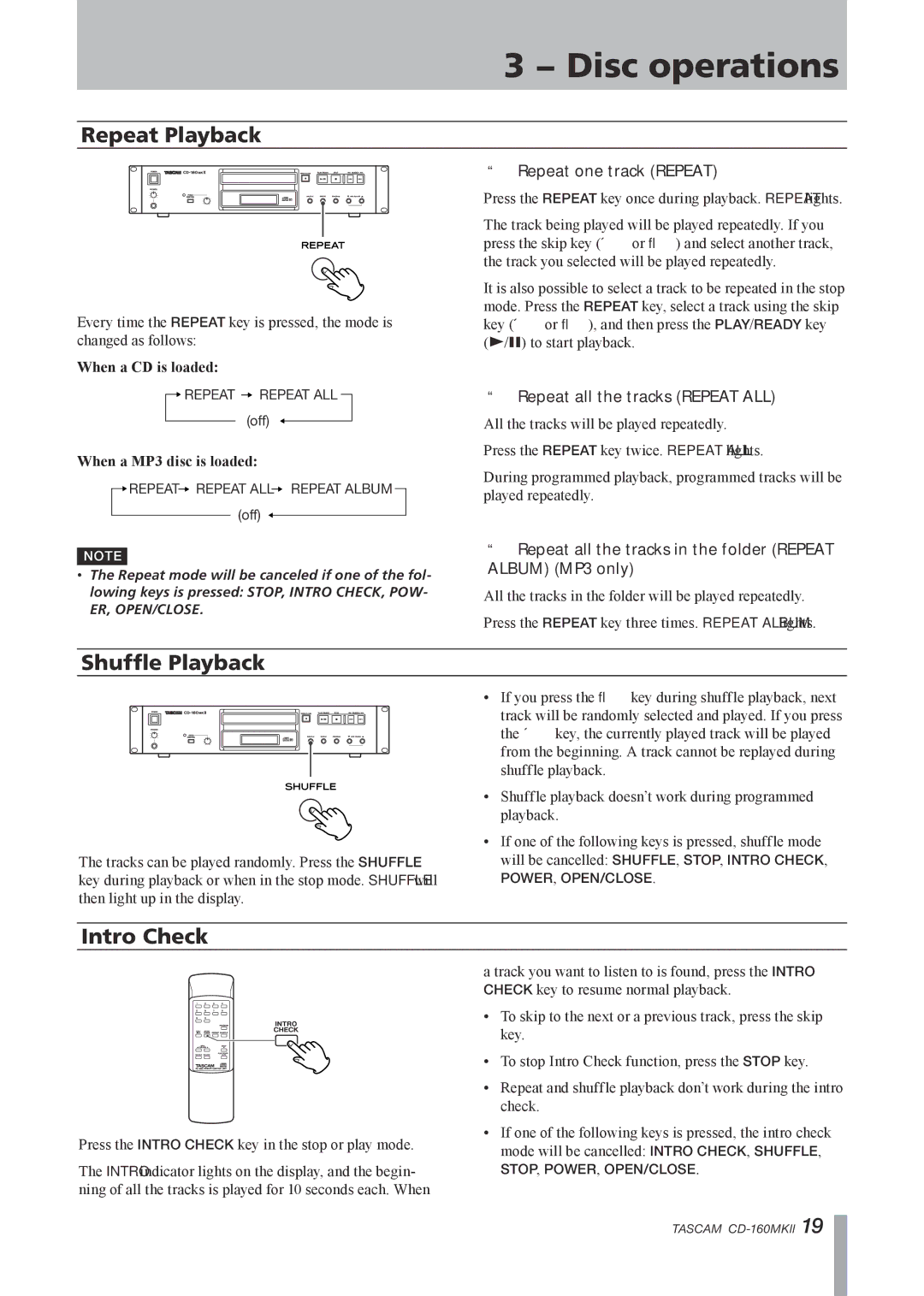 Tascam CD-160MKII owner manual Repeat Playback, Shuffle Playback, Intro Check 