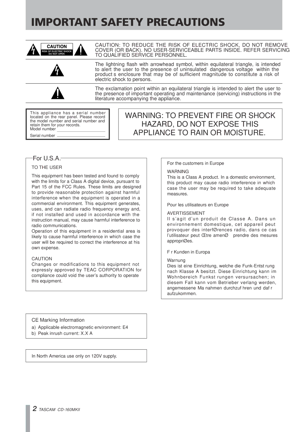 Tascam CD-160MKII owner manual Important Safety Precautions 