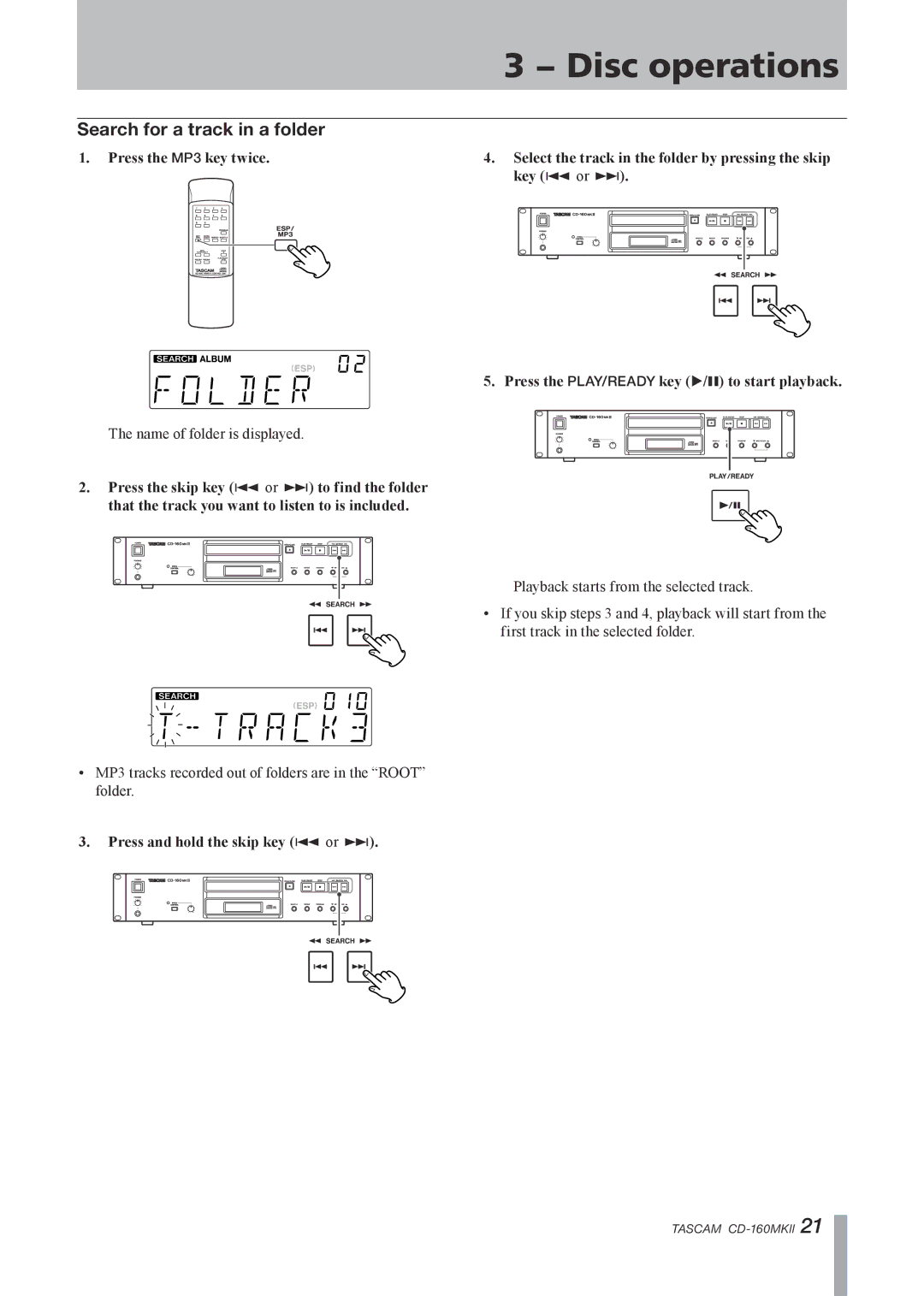 Tascam CD-160MKII owner manual Search for a track in a folder 