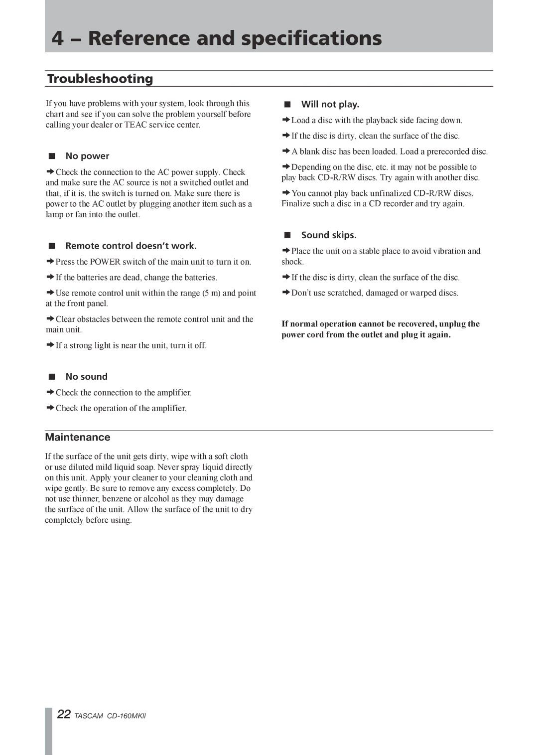 Tascam CD-160MKII owner manual Reference and specifications, Troubleshooting, Maintenance 